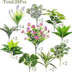 24 Pcs Artificial Plants for Outdoors Faux Greenery Leaves UV Resistant Realistic Plastic Large Bunches Shrubs Bushes with Flowers, Fake Plants Decor Outdoor for Front Porch Door Patio Garden Yard