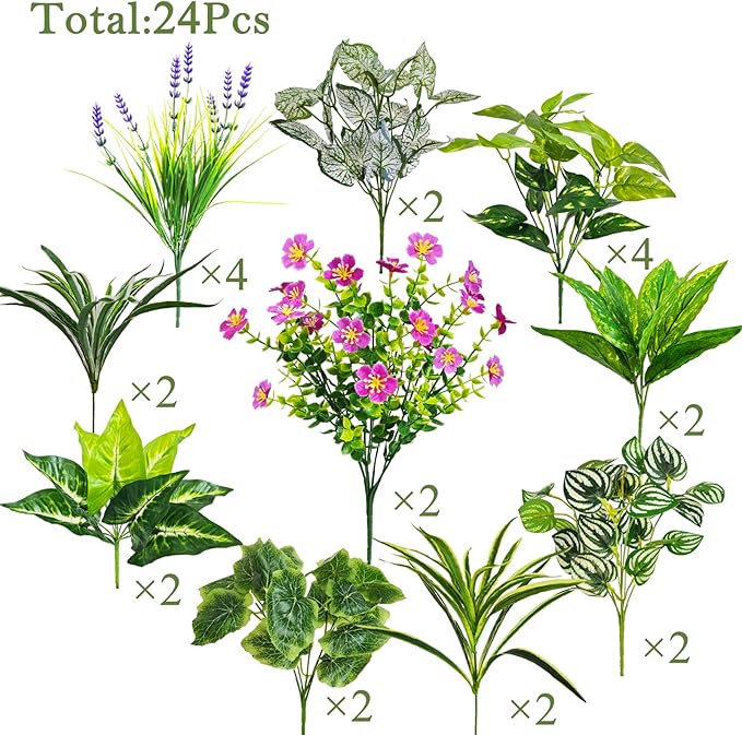 24 Pcs Artificial Plants for Outdoors Faux Greenery Leaves UV Resistant Realistic Plastic Large Bunches Shrubs Bushes with Flowers, Fake Plants Decor Outdoor for Front Porch Door Patio Garden Yard
