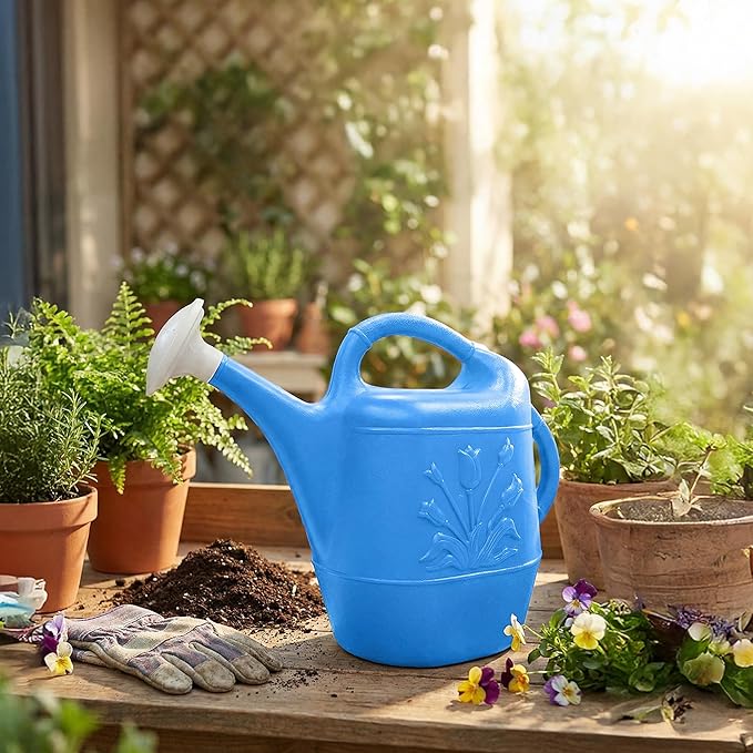 Union Products 63066 2 Gallon Plastic Indoor/Outdoor Watering Can w/ Tulip Design for Garden, Potted Plants, & Patio Pots, Caribbean Blue