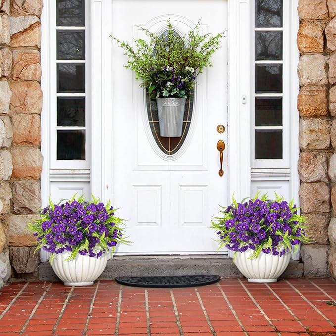 Artificial Flowers for Outdoors 12 Bundles Artificial Petunias Fake Flowers UV Resistant Shrubs Plants with Fern for Indoor Outside Hanging Planters Home Garden Summer Decorations (Purple)