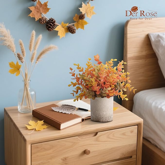 Der Rose 3 Pack Mini Potted Fake Plants Artificial Plastic Eucalyptus Plants Topiaries for Home Office Desk Farmhouse Shelf Room Bathroom Decor(Orange)