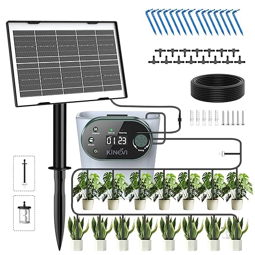 Solar Drip Irrigation System Kit, Auto Watering Kit for 15 Pots, 3W Solar Powered Auto Easy DIY Watering Device, 22 Timing Modes with Anti-Siphoning Device,for Outdoor Garden, Balcony