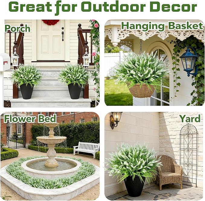 Faux Flowers for Outdoor Planters – 20 Bundles Fake Plants Outdoor, UV Resistant Artificial Plants & Flowers with Fake Monkey Grass, Faux Outdoor Plants for Porch Patio Garden Decor