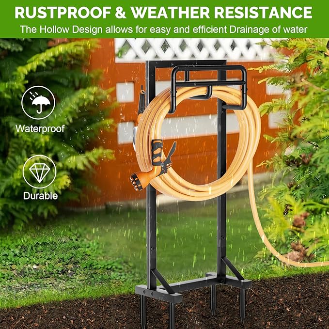 Garden Hose Holder with Stable Base and Tool Hooks, GAVISCITY Heavy-Duty Metal Hose Hanger Garden Hose Storage Holds 151Ft Hose, Rustproof Freestanding Water Hose Holder for Outside, Yard, Lawn, Black