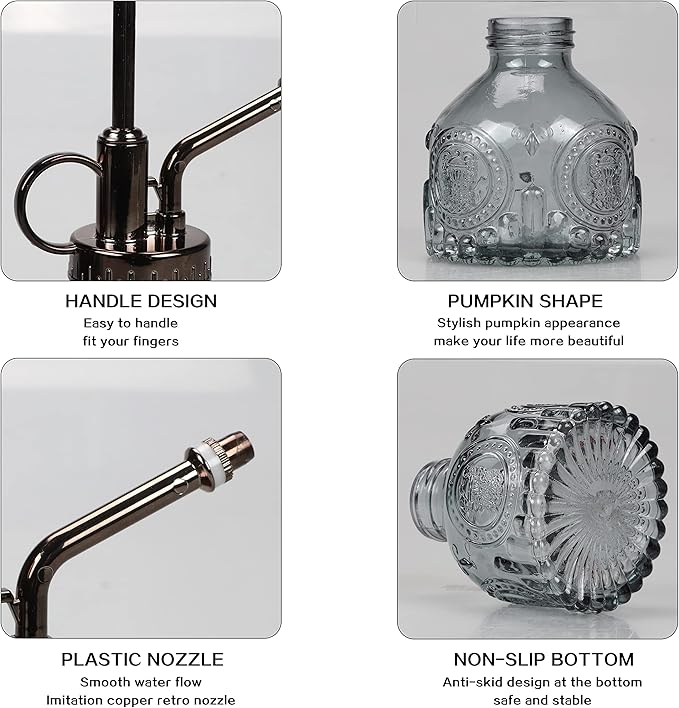 TOMEX Glass Plant Mister Spray Bottle 200ML Vintage Style Plant Spritzer Small Sprayer Mister Succulent Watering Bottle with Top Pump Watering Can for Indoor Outdoor House Plants,Flowers (Grey)
