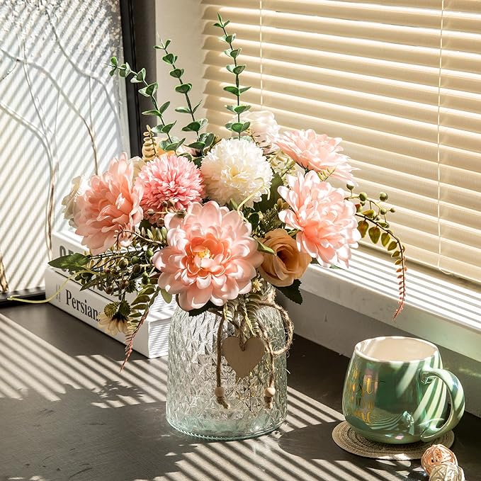 2 Pack Set Fake Flowers with Vase,Faux Flowers in Vase for Home Decor,Silk Pink Dahlia Artificial Flowers with Vase for Coffee Table Decor,Living Room Bathroom Plant Décor