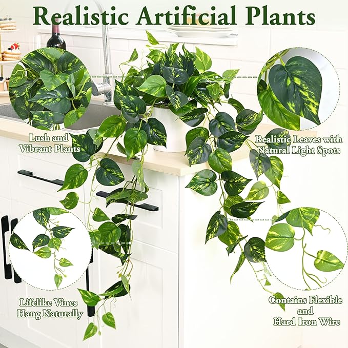 Waipfaru Fake Plants Artificial Plants Indoor, 2Pcs 34" Realistic Artificial Hanging Fake Pothos Vines Ivy Potted, Faux Pothos for Living Room Office Bedroom Bathroom Kitchen Shelves Indoor Home Decor