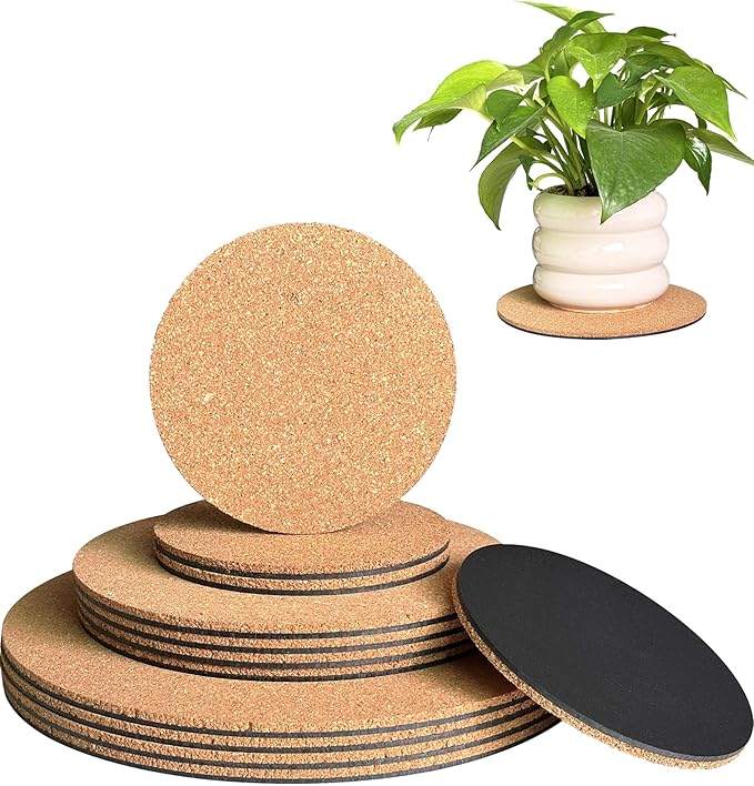 vensovo 12 Pcs Cork Plant Coasters & Saucers 4/6/8 Inch – Absorbent Round Mats for Indoor Flower Pots, Planters, Houseplants, Surface Protector for Table & Floor