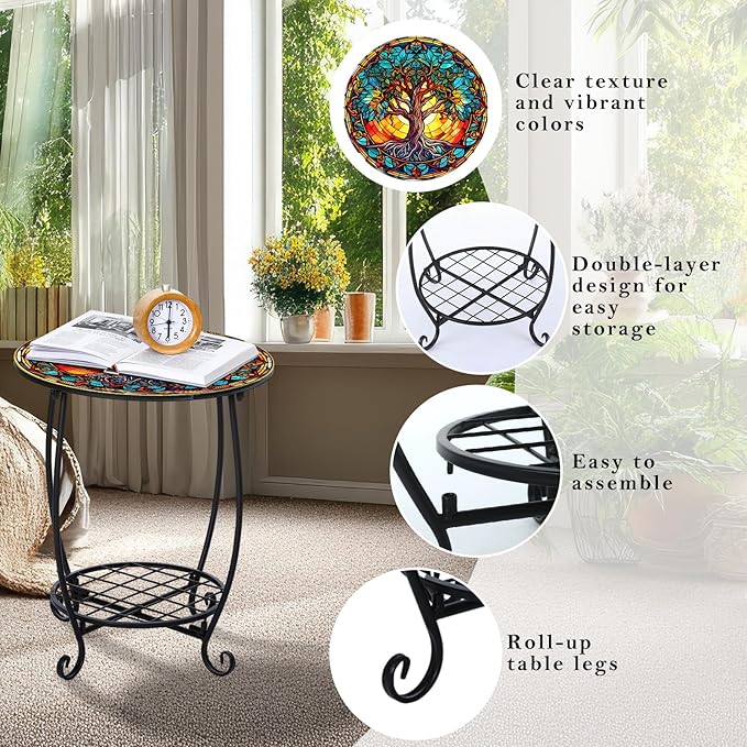 Outdoor Side Table Round Small Mosaic Patio Accent Indoor End Plant Coffee Tea Table for Yard Patio Porch Garden Living Room, Bedroom(Tree of Life Style,16 Inch)