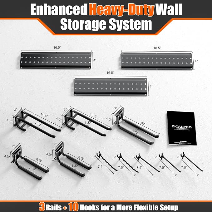 Garage Tool Organizer Wall Mount 49.5 inches with 10 Adjustable Heavy-Duty Hooks, Garage Organization, Garden Tool Storage Rack for Garage, Yard, and Shed, Holds Up to 400 lbs