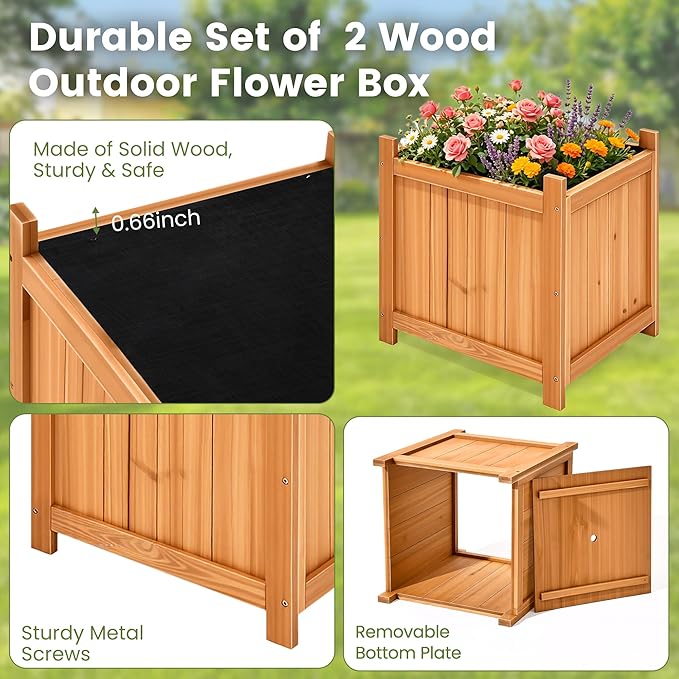 Set of 2 Fir Wood Square Planter Boxes, 18" Extra Large Outdoor Flower Box with Removable Drainage Base & Non-Woven Liner, Rustic Wooden Planters for Patio Garden Balcony, Wood Bucket Planter