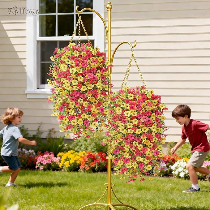 Artificial Hanging Flowers for Outdoors Spring Summer Decoration, 4PCS UV Resistant Silk Fake Hanging Plants for Patio Porch Front Yard Window Garden Indoor Decor(Hot Pink&Yellow,4PCS)