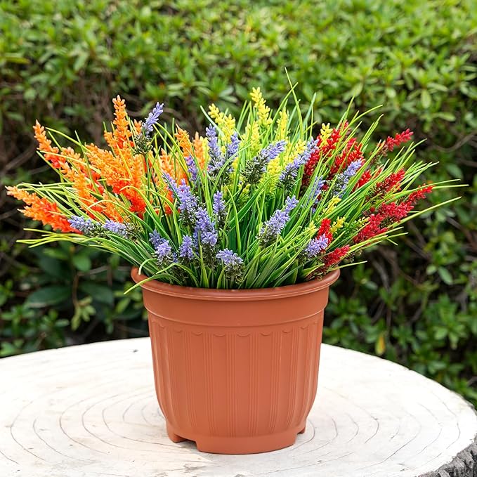 20 Bundles Artificial Plants Outdoor, UV Resistant Fake Flowers, Realistic Faux Lavender Shrubs for Porch Garden Window Box Home Decoration (Yellow Lightpurple Red Orange)