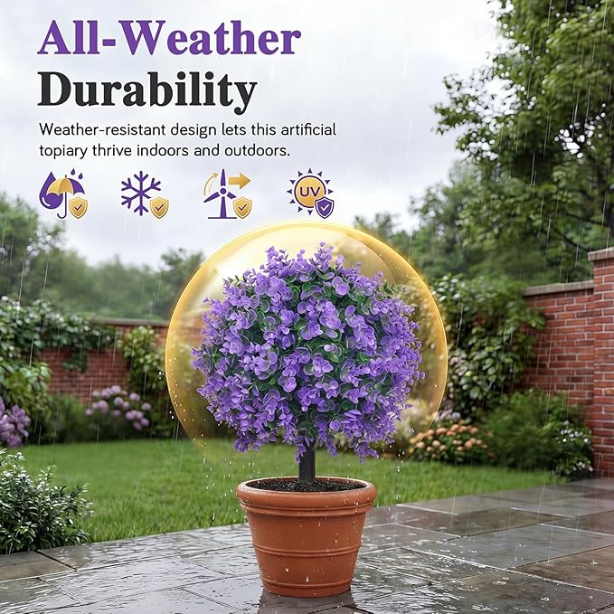 PATIO CHOICE Topiary Trees Artificial Outdoor Boxwood Ball Trees with Lavender Set of 2 22" Artificial Faux Plants Realistic Bushes Fake Shrubs Decorations for Outdoor Indoor Front Porch Garden