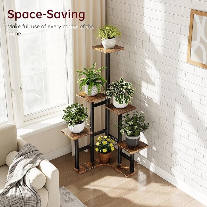 Yzosvki Corner Plant Stand Indoor Set of 2, 6 Tiered Corner Plant Shelf Flower Stand for Multiple Plants, Plant Shelves Organizer Rack, Square Rustic Brown
