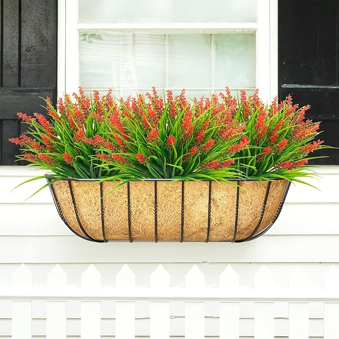 obbsie 36 Bundles Artificial Plants Outdoor, 18.2" UV Resistant Faux Monkey Grass Greenery Stems No Fade Faux Plastic Flowers Shrubs for Home Weddings Garden Porch Front Patio Office Decor - Red