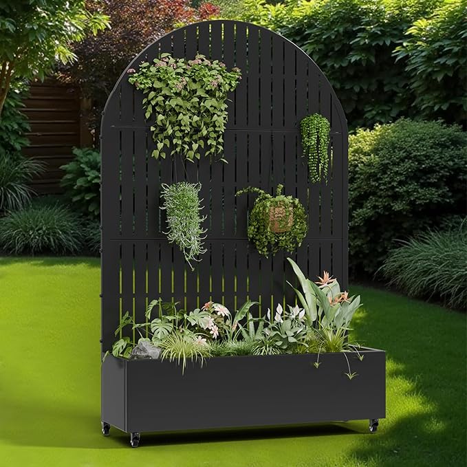 Casaphoria Metal Raised Garden Bed with Trellis and Wheels, 72"x47"x16" Arched Planter Box for Climbing Plants, Vegetables & Vines, Features Drainage Holes and Privacy Screen (Black-Fence)