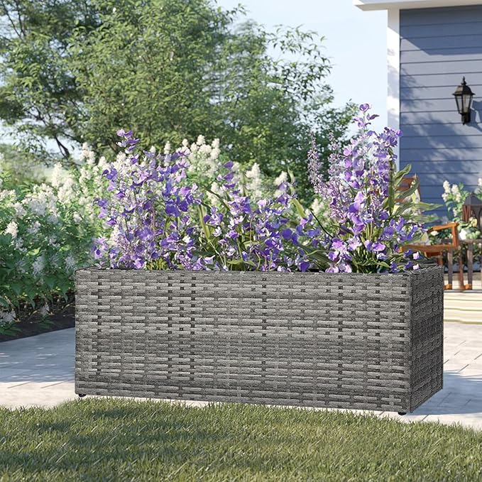 SUNNYPARK Gray Rectangular Planter Box All-Weather PE Rattan Large Modern Planters with Removable Liner Indoor Outdoor Decorative Flower Pot for Patio, Balcony, Garden