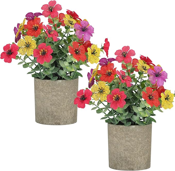 2 Pack Small Fake Plants Potted Artificial Plants Artificial Flowers Potted Faux Flower Daisy with Eucalyptus Leaves for Home Decor Office Room Farmhouse Indoor Table Bathroom Decor（Colorful）