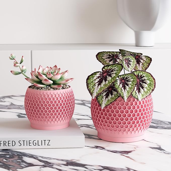 Plant Pots, Modern 3D Printed Honeycomb Planters for Indoor Plants, 4.7/6 Inch Cherry Pink Decorative Flower Pot for Office Desktop, Bookshelf & Home Decor, Lightweight & Durable.
