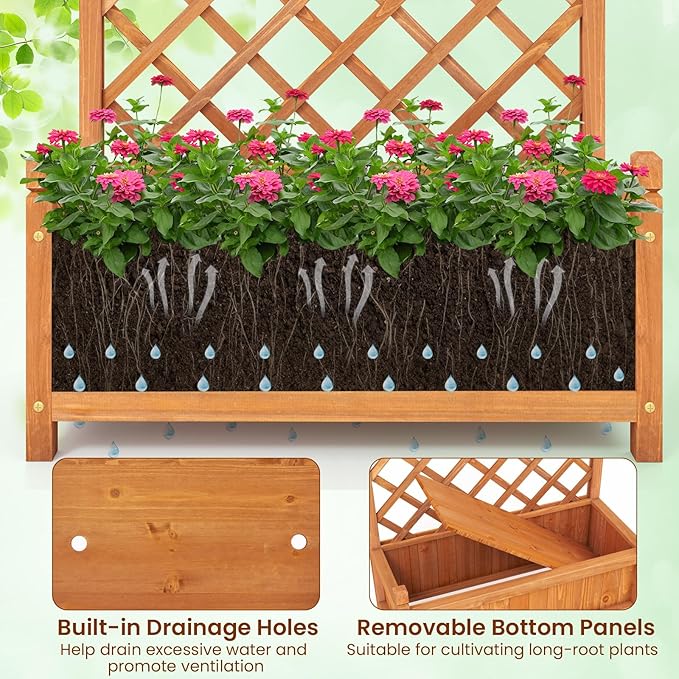 Giantex Raised Garden Bed with Trellis Set of 2, 60" Wooden Planter Container w/Drainage Holes, High Trellis for Plant Flower Climbing Pot Hanging, Indoor Outdoor Planter Box for Yard Garden Balcony