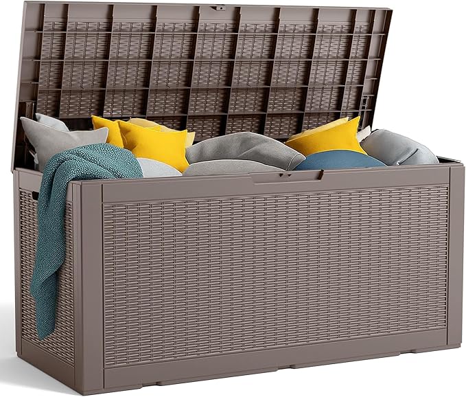 PatioZen 120 Gallon Resin Deck Box, Lockable Patio Outdoor Storage Box for Furniture, Garden Tools and Tools Storage, Waterproof Outside Storage Boxes - Grey