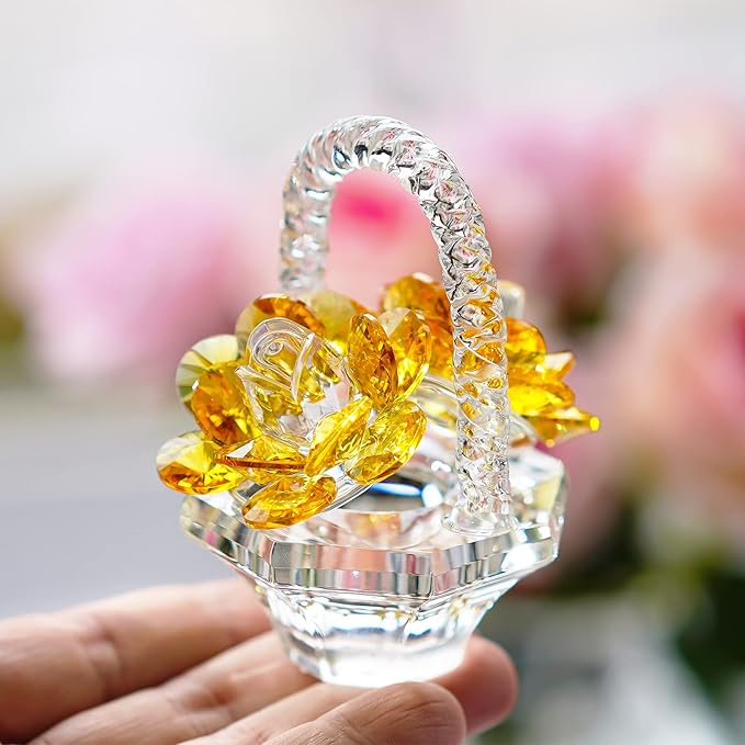 H&D HYALINE & DORA Crystal Flower Basket Figurine Collectable Ornaments Home Decor Tabletop Centerpiece Gift for Lady，Yellow Color