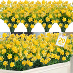 TURNMEON 20 Bundles Artificial Flowers for Outdoors, Spring Grass Camellia Fake Flowers Plastic Plants,UV Resistant No Fade Faux Greenery for Gardens Porch Yards Summer Cemetery Decor 500 Head(Yellow)