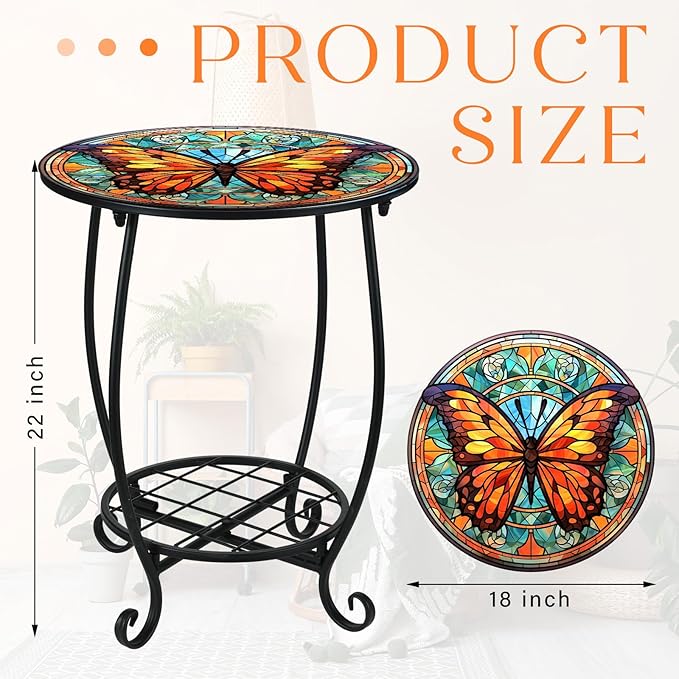 Outdoor Side Table Round Small Mosaic Patio Accent Indoor End Plant Coffee Tea Table for Yard Patio Porch Garden Living Room, Bedroom(Butterfly B Style,18 Inch)