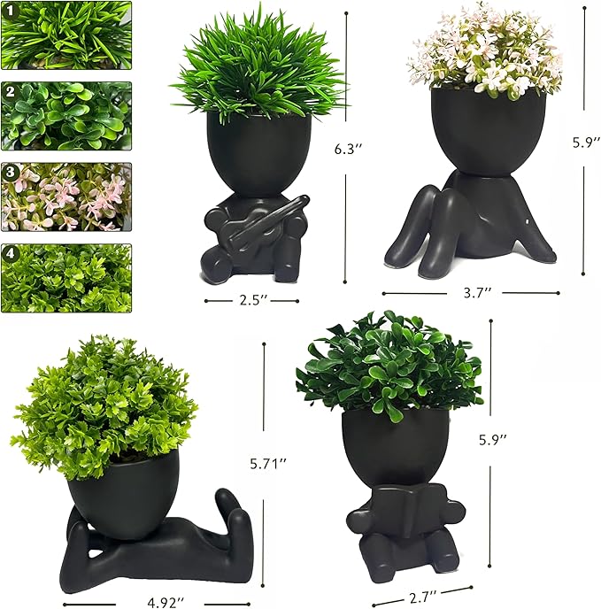 4 Packs Creative Fake Plants Artificial Succulents in Ceramic Human Shaped Pots – Funny Premium Ceramic Faux Succulent Pots for Home & Office Desk Decor, Perfect Humorous Gift Idea (4, Black)