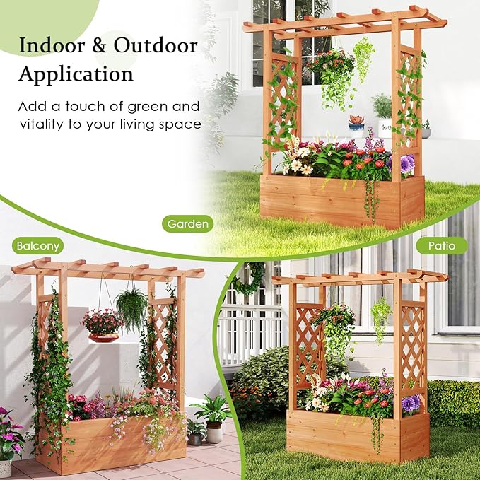 HAPPYGRILL Raised Garden Bed with Trellis, 2 Pack Freestanding Wood Planter Box w/Hanging Roof & 4 Drainage Holes for Vine Climbing Plants Flowers, Outdoor Planter with Trellis for Garden Patio Yard