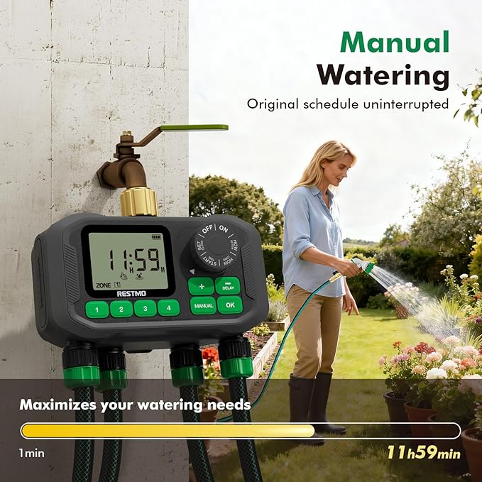 RESTMO Sprinkler Timer for Outdoor Hose Faucet 4 Zone, Up to 11h59m Programmable Watering Timer for Soaker Hose, Misting with Brass Inlet & Large Dial, Rain Delay/Manual/Automatic Irrigation System