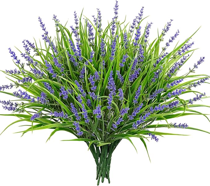 24 Bundles Artificial Plants Flowers Outdoor, Faux Lavender Flowers Fake Monkey Grass UV Resistant Plastic Plant for Porch Garden Patio Window Home Decor, Purple