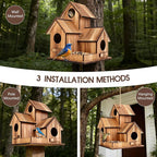 Bird Houses for Outside, Outdoor 3-Hole Large Birdhouse Bird Feeder for Bluebirds, Finches, Cardinals and Yellow Finches, Wooden Hanging Edible Wild Bird Nest Garden Decorative