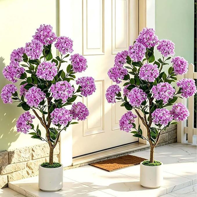 Artificial Flower Tree for Outdoor: 3.6ft Fake Crape Myrtle Tree Set of 2 for Front Porch Door Indoor Decor - Purple Realistic Silk Plant with Pot for Home Living Room Patio Decorations