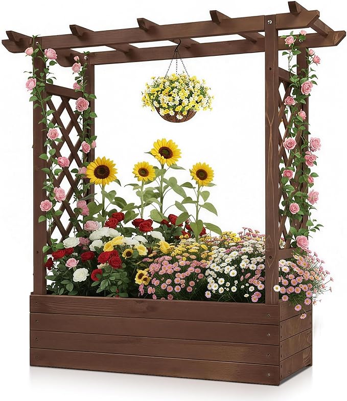 VINGLI 45 in Raised Garden Bed with Trellis & Hanging Roof, Wooden Elevated Planter Box with Drainage Holes for Outdoor Climbing Plants Vegetables Flowers, Patio Yard Balcony (Carbonized Wood, Medium)