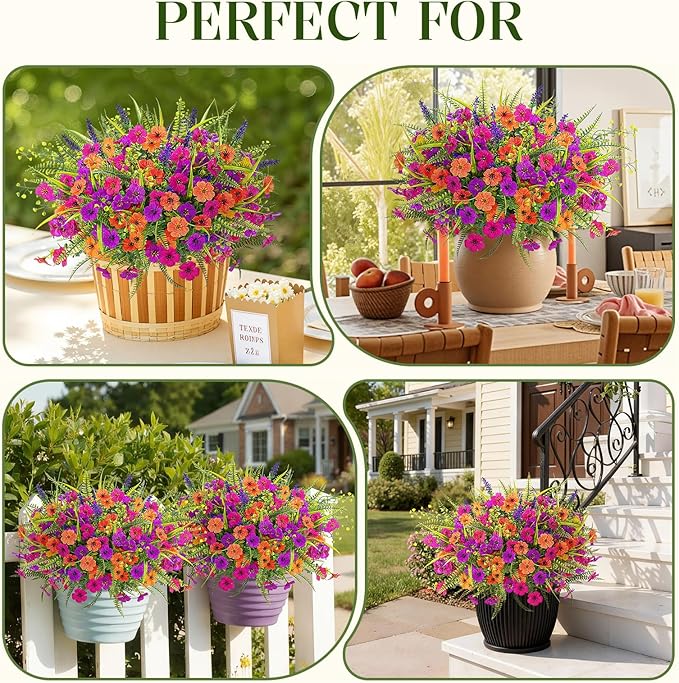 Alupssuc 48 Bundles Artificial Flowers for Outdoors Spring Summer Decoration, UV Resistant Eucalyptus Violet and Lavender Silk Fake Plants for Outside Indoor Yard Home Patio Decor, Orange Rose Purple
