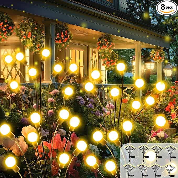 2026 Upgraded Solar Lights Outdoor, 8 Pack Solar Garden Lights with 2 Modes, Firefly Lights Outdoor Waterproof, Sway by Wind, Twinkle Firefly Light for Yard Patio Path Garden Decoration (Warm White)