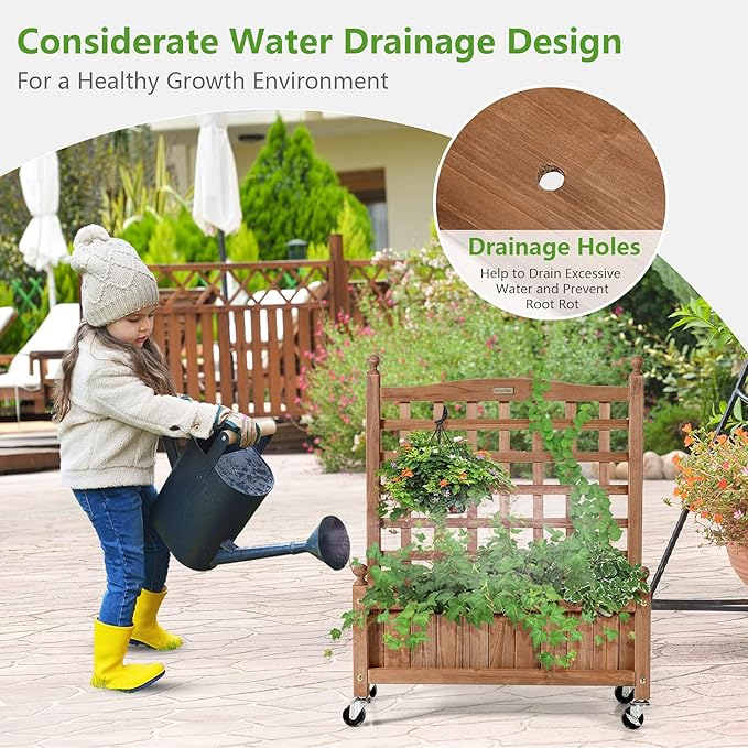 Giantex Mobile Plant Raised Bed, Wood Planter with Lattice Trellis and Wheels, Flower Box for Plant Climbing, Vertical Garden for Balcony Patio Yard (1, 25"x 11"x 32.5")
