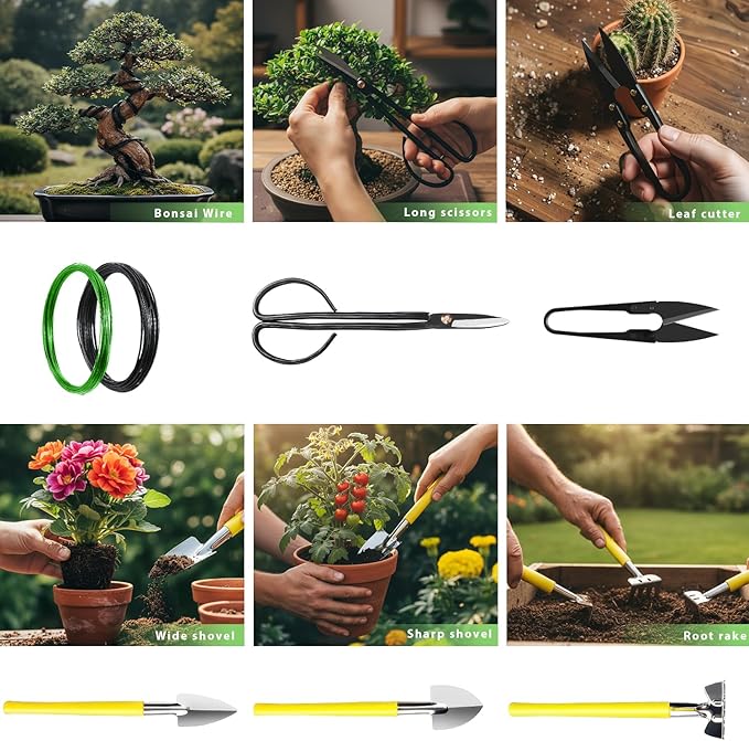 MOSFiATA Bonsai Tools Set 7Pcs, Bonsai Tree Tools Kit Succulent Trimming Tools Include Scissors, Cutters, Rake, Round and Pointed Shovel &Training Wire for Bonsai Beginner Gardening Gifts