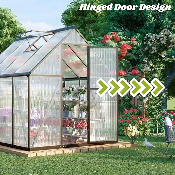 6x4 FT Greenhouse for Outdoors, Polycarbonate Greenhouse with Quick Setup Structure and Roof Vent, Aluminum Large Walk-in Green House for Outside Garden Backyard, Dark Gray