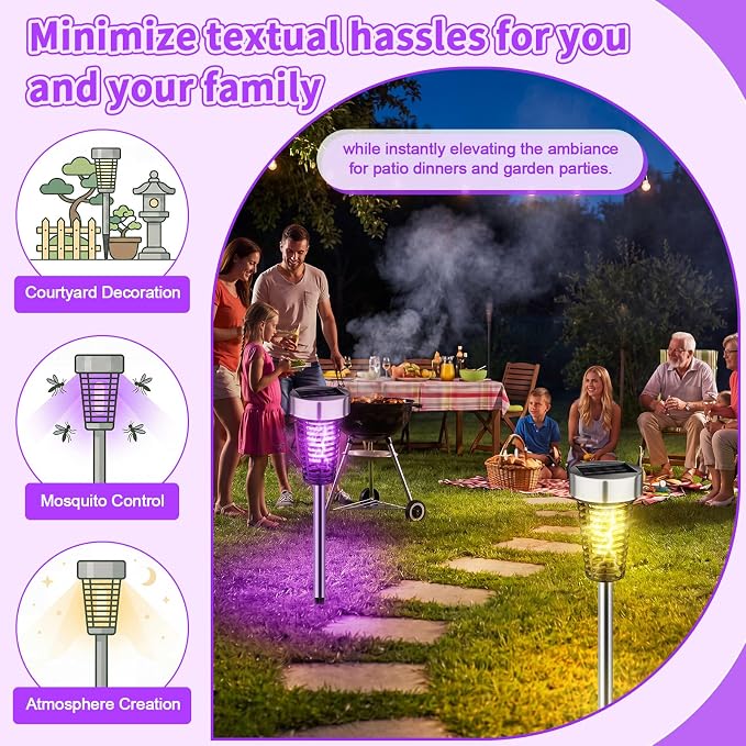 Qualirey 12 Pack Solar Bug Zapper Outdoor Waterproof Mosquito Repellent Killer Bug Zapper Lamp with LED Light for Outdoor Garden Patio Yard (Purple and Warm Light,Silver)