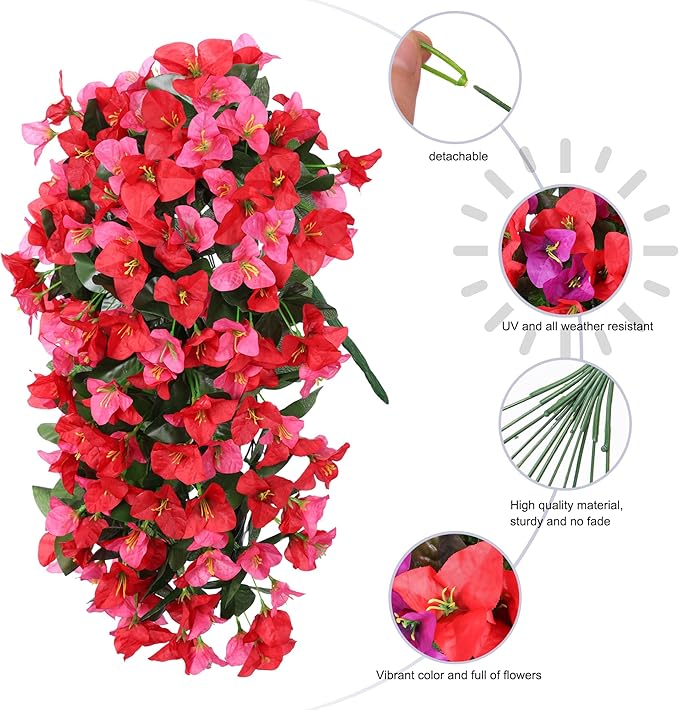 HyeFlora Bougainvillea Artificial Hanging Flowers Plants for Outdoors Decoration, 2pcs Fake Flowers Silk Bougainvillea Vines Realistic UV Resistant Faux Flowers for Outdoor Planters Porch Patio, Mix