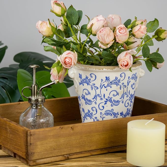 Dosayes Vintage Ceramic Flower Pot with Drainage Holes and Handle,Ice Crack Country Rustic Planters for Indoor Outdoor,Tuscan Decor,Home and Garden Decor,Gardening Present