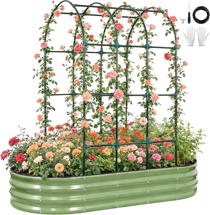 Galvanized Raised Garden Bed with Arched Trellis | 6x3x1FT Metal Raised Garden Beds Outdoor for Gardening Climbing Plant | Planter Box Outdoor with Gloves for Vegetable Flower, OliveGreen