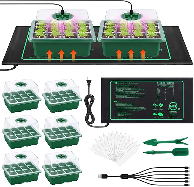 Hahood 6 Pack Seed Starter Tray Kit with Grow Light and Seedling Heat Mat 72 Cells Seed Starter Tray with Humidity Dome and Base Plastic Plant Growing Germination Trays for Seed Propagation, Green