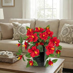 Briful 15.7'' Artificial Hibiscus Plant in Tall Black Woven Planter, Tropical Faux Hibiscus Flowers with Cascading Leaves, Small Fake Flower Pot for Bathroom, Entryway Table, Living Room Decor, Red