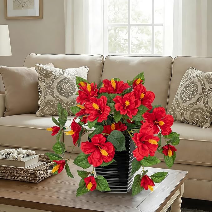 Briful 15.7'' Artificial Hibiscus Plant in Tall Black Woven Planter, Tropical Faux Hibiscus Flowers with Cascading Leaves, Small Fake Flower Pot for Bathroom, Entryway Table, Living Room Decor, Red