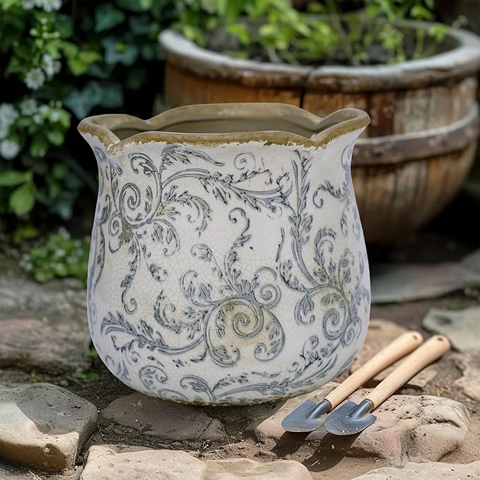 Dosayes Rustic Ceramic Planter, 6 Inch Tuscan Vintage Flower Pot with Drainage, Farmhouse Garden Pot for Indoor Plants, Kitchen & Garden Tuscan Decor, Plant Lover Gift (Grey)