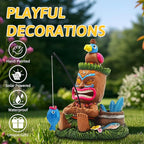 Solar Tiki Garden Statues: 8'' Funny Tiki Bar Decor with Solar Light Outside Decoration for Lawn Yard Patio Garden Gifts for Housewarming (Fishing)